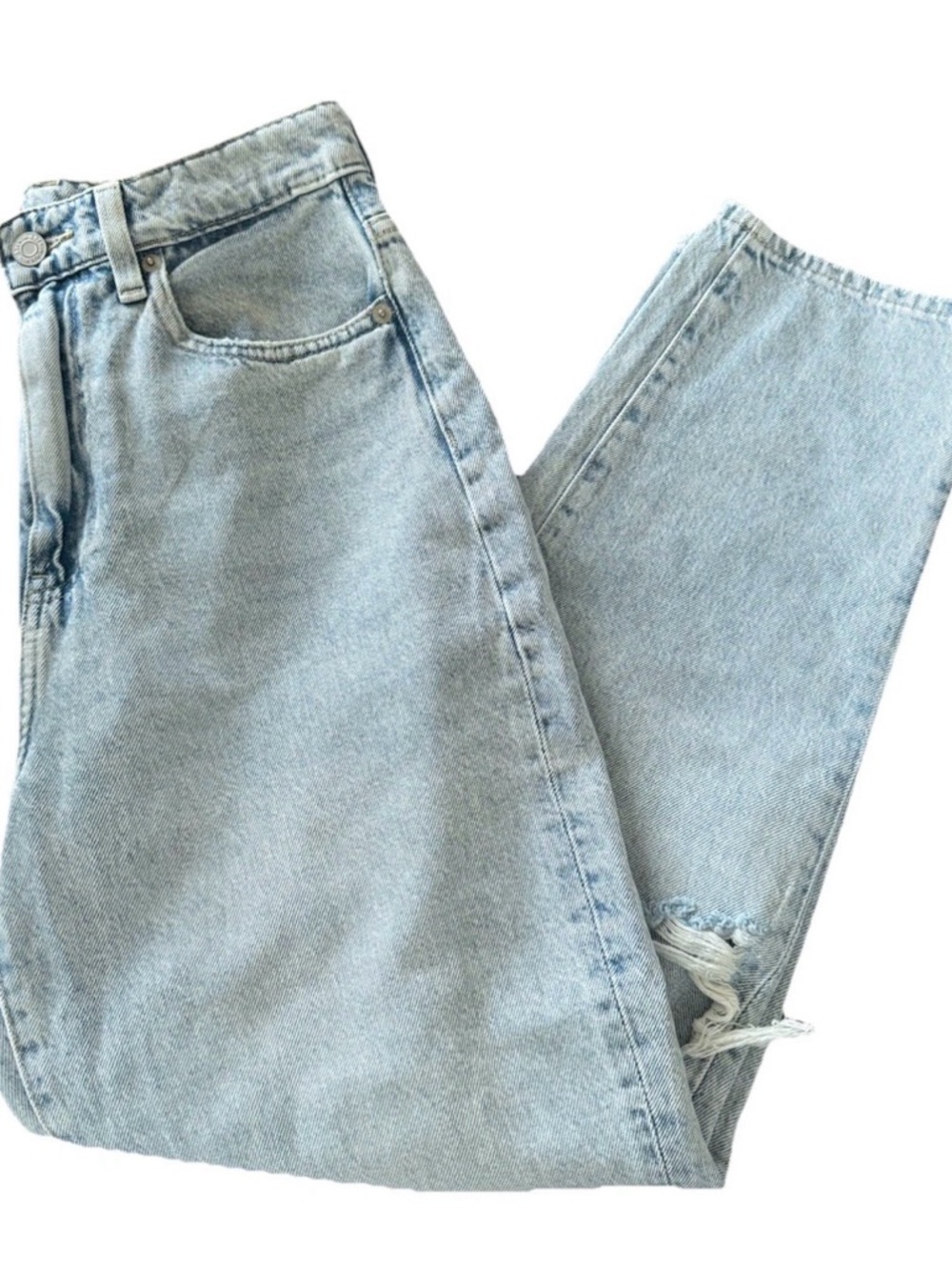 H&M &Denim Loose Mom Jean Ultra High Waist Ankle length Light Wash ripped Knee 4